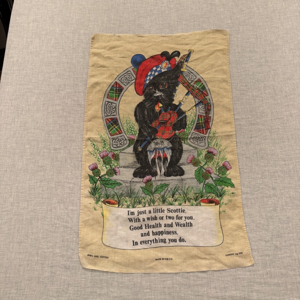 Vintage Lamont Scottie Dog Bagpipes Tea Towel Linen Cotton Made in UK Scottish
